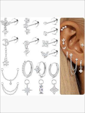 16 Gauge Cartilage Earrings Set Surgical Steel Flat Back Studs Helix Tragus